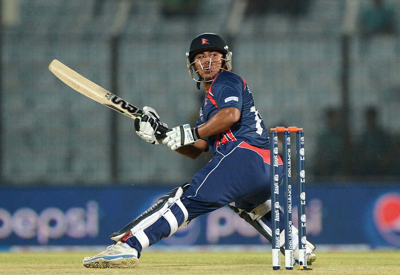 Gyanendra Malla plays the ramp shot, Hong Kong v Nepal, World T20, Qualifying Group A, Chittagong, March 16, 2014 