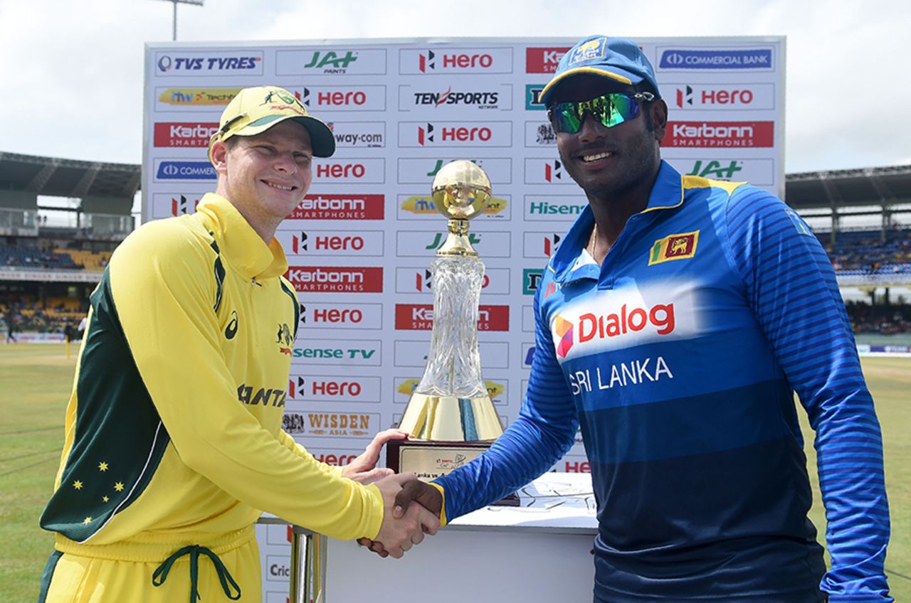 Steven Smith and Angelo Mathews with the trophy before the start of the first ODI, Sri Lanka v Australia, 1st ODI, Colombo, August 21, 2016