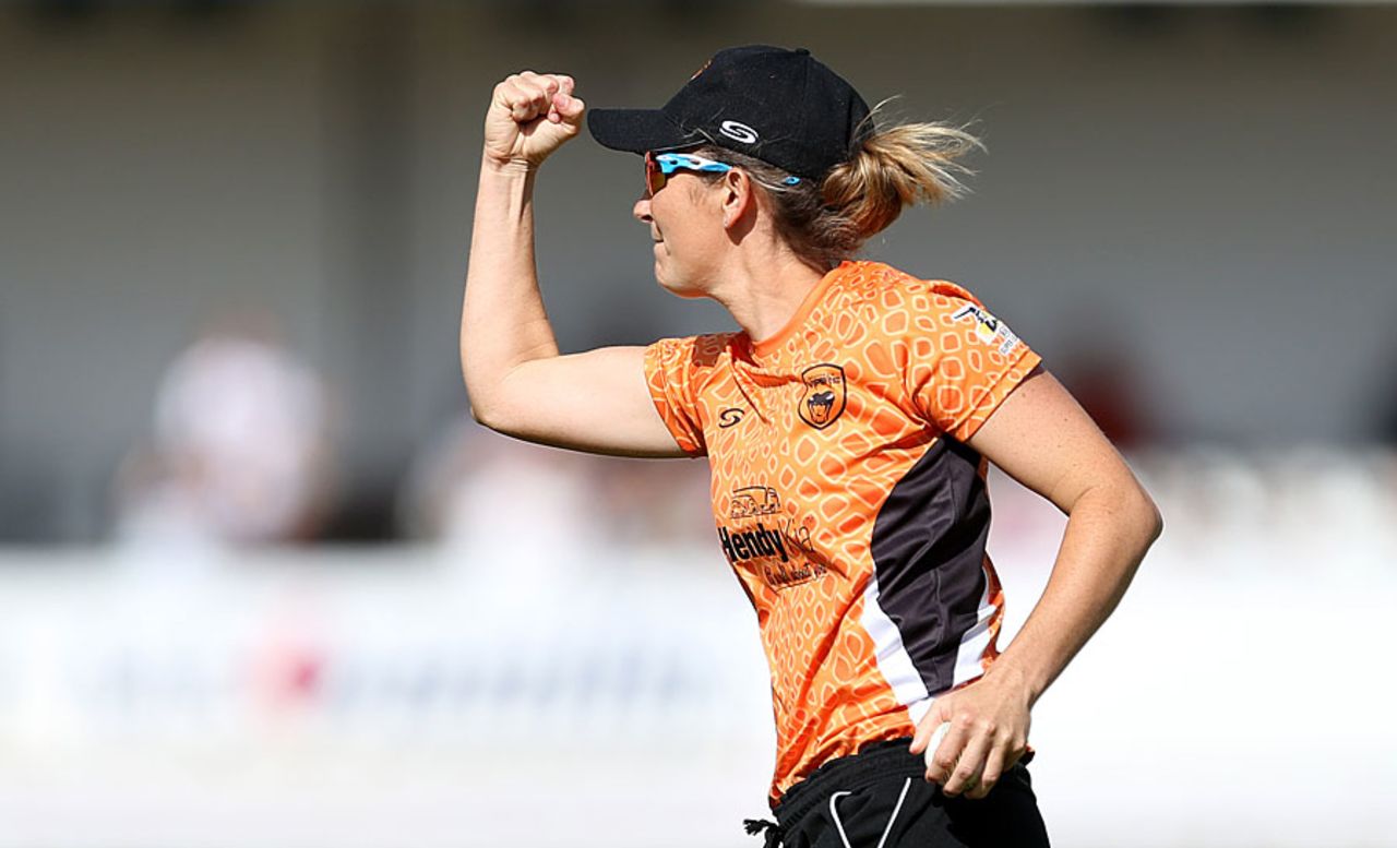 Charlotte Edwards celebrates the catch to remove Stafanie Taylor, Southern Vipers v Western Storm, Women's Super League, Final, Chelmsford, August 21, 2016