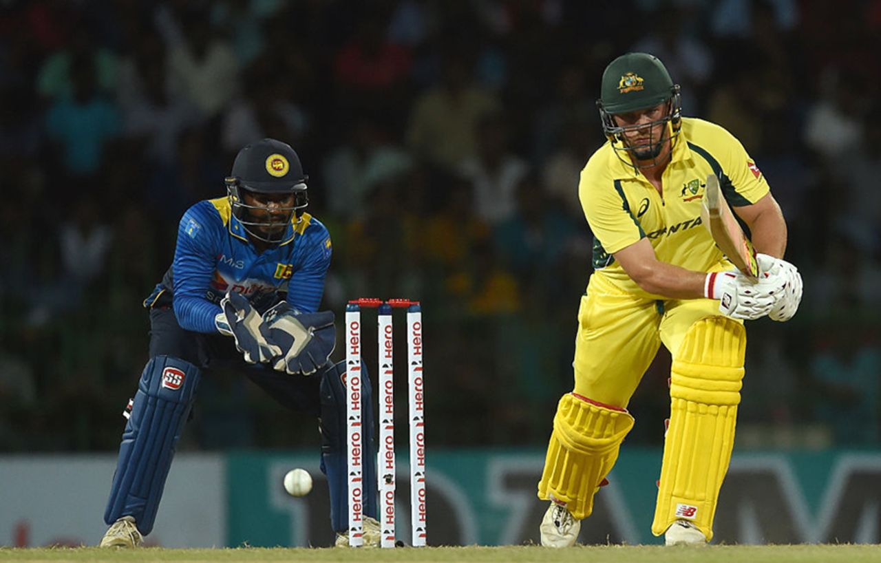 Aaron Finch taps the ball towards the off side, Sri Lanka v Australia, 1st ODI, R Premadasa Stadium, August 21, 2016