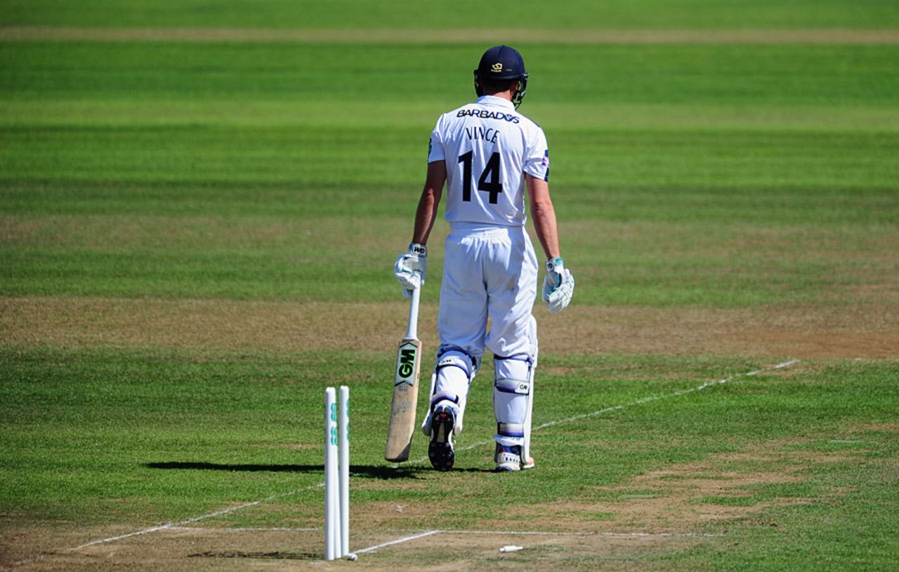 James Vince's lean time continued when he was bowled for a duck, Somerset v Hampshire, County Championship, Division One, Taunton, 1st day, August 23, 2016
