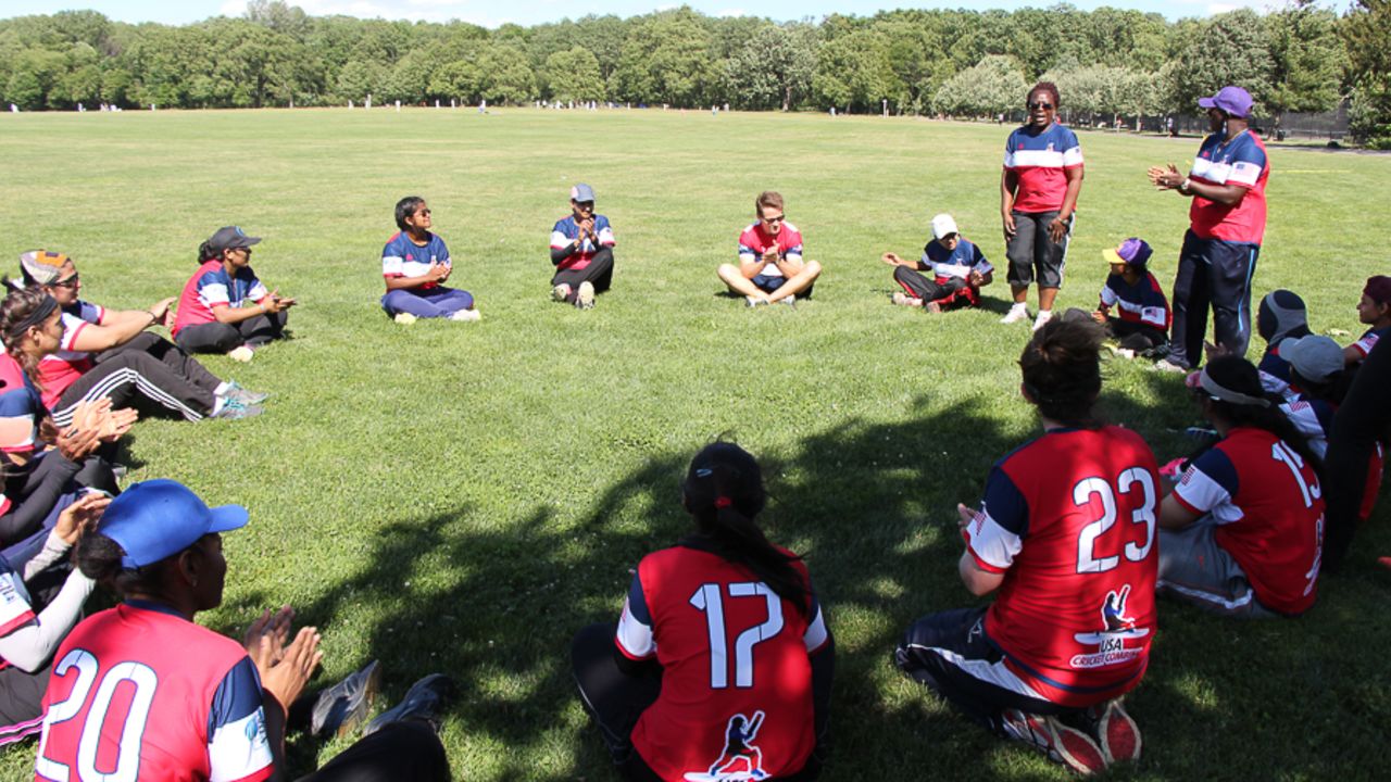 Stephanie Power talks to the women players at the ICC Combine, New York, June 12, 2016