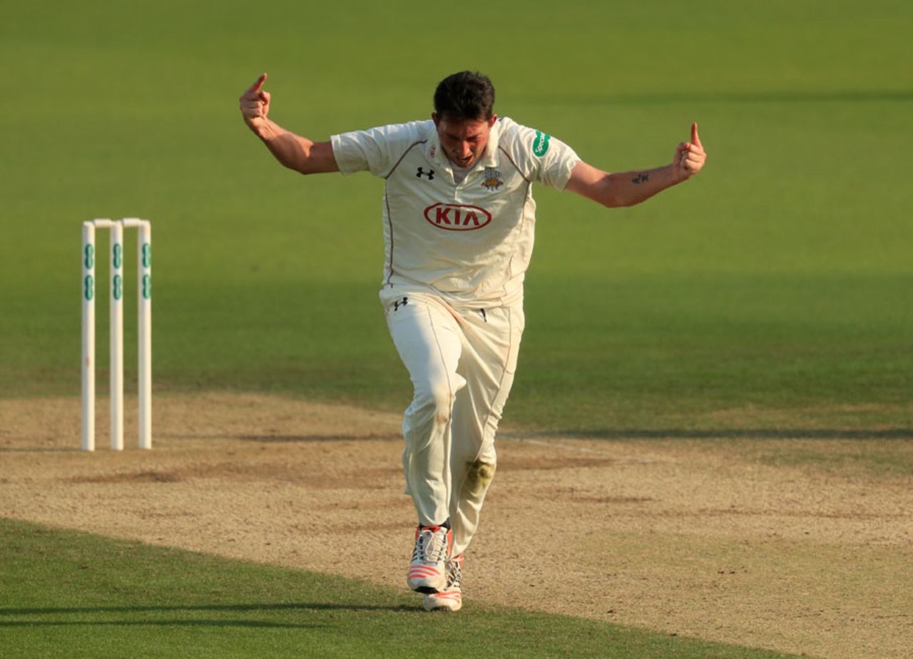 Mark Footitt celebrates one of his five wickets, Surrey v Lancashire, County Championship, Division One, Kia Oval, 3rd day, August 25, 2016