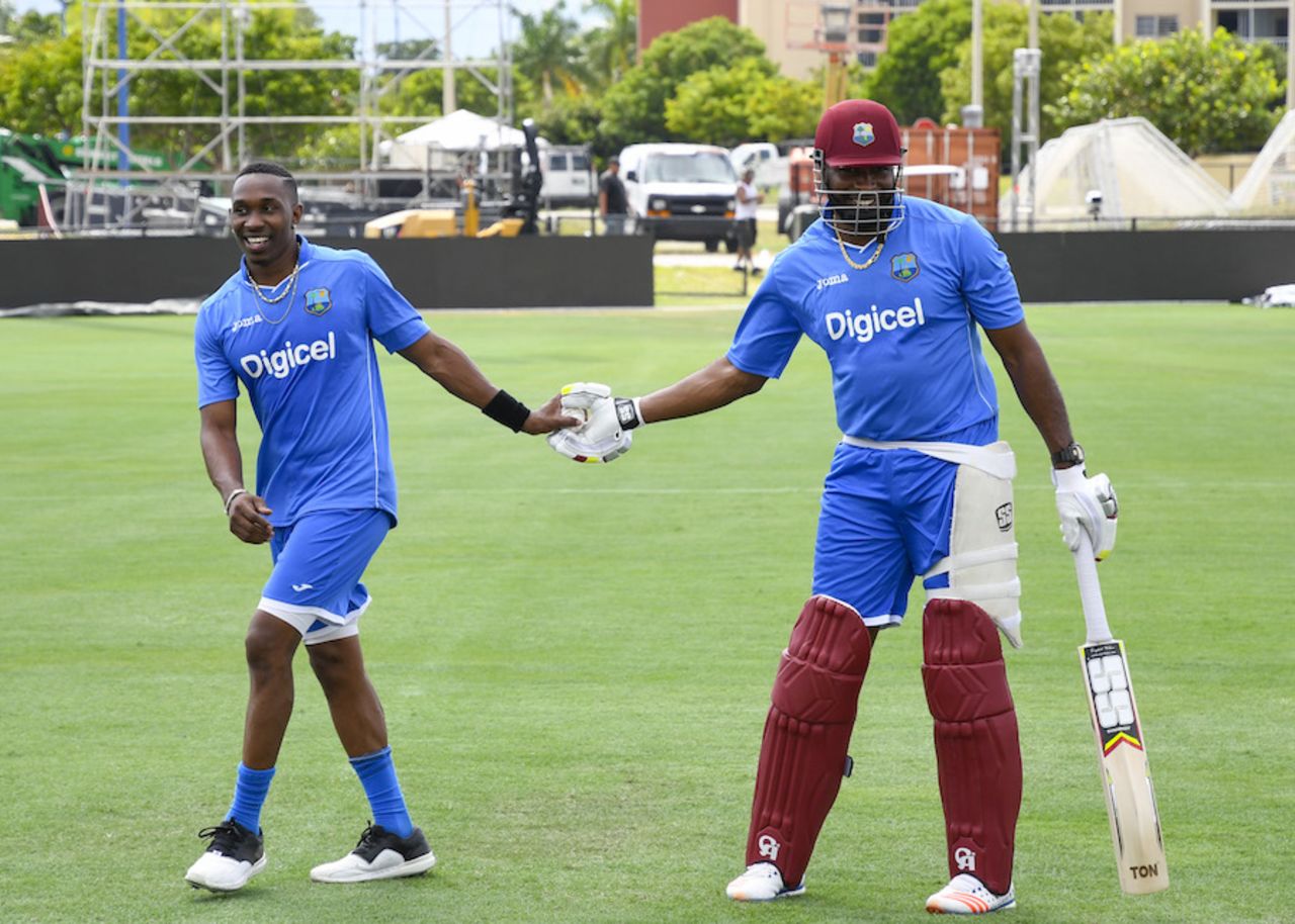 Dwayne Bravo and Kieron Pollard have a laugh in the nets, Lauderhill, August 25, 2016
