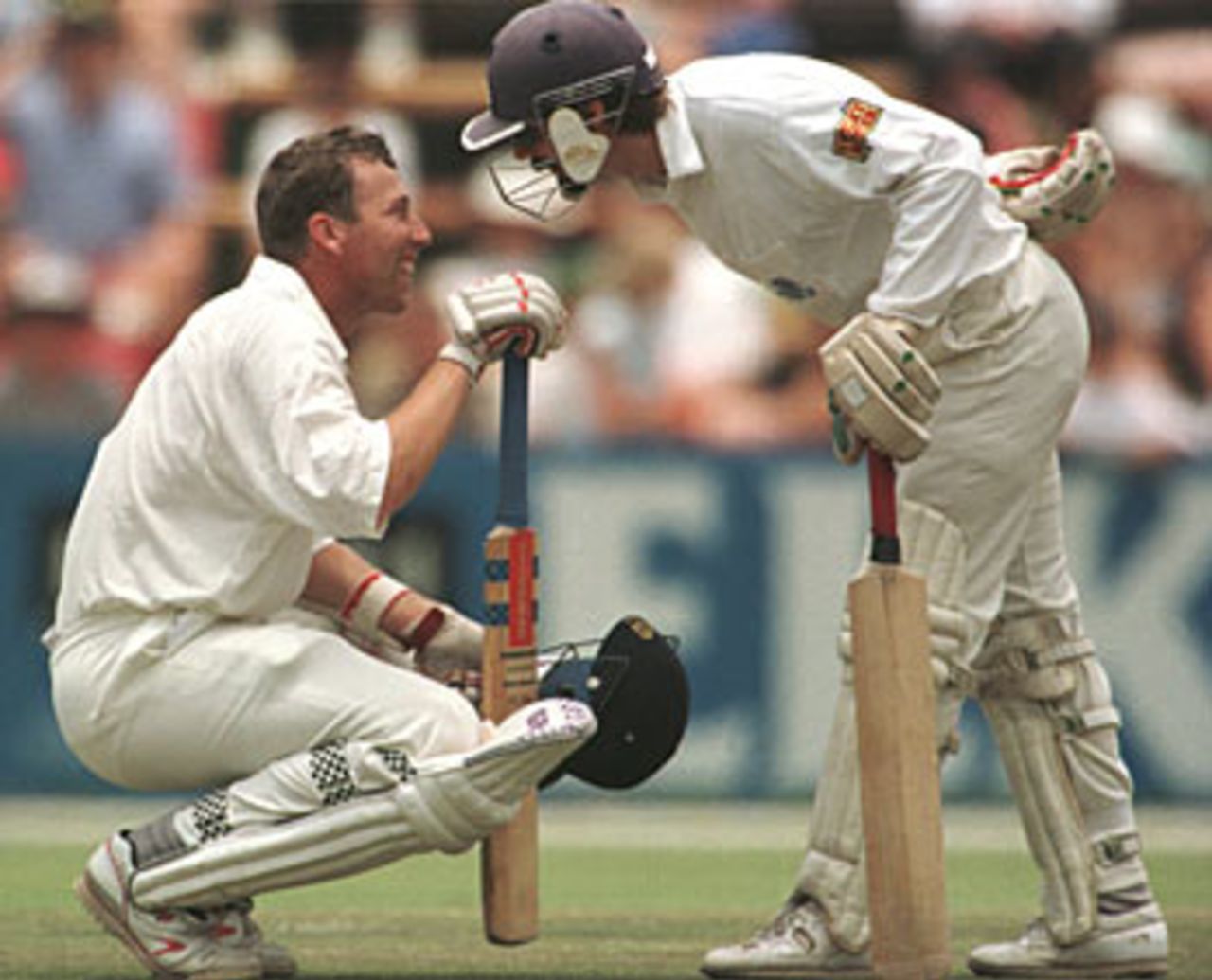 Jack Russell and Mike Atherton take a breather during their match-saving stand at Johannesburg, 1995-96