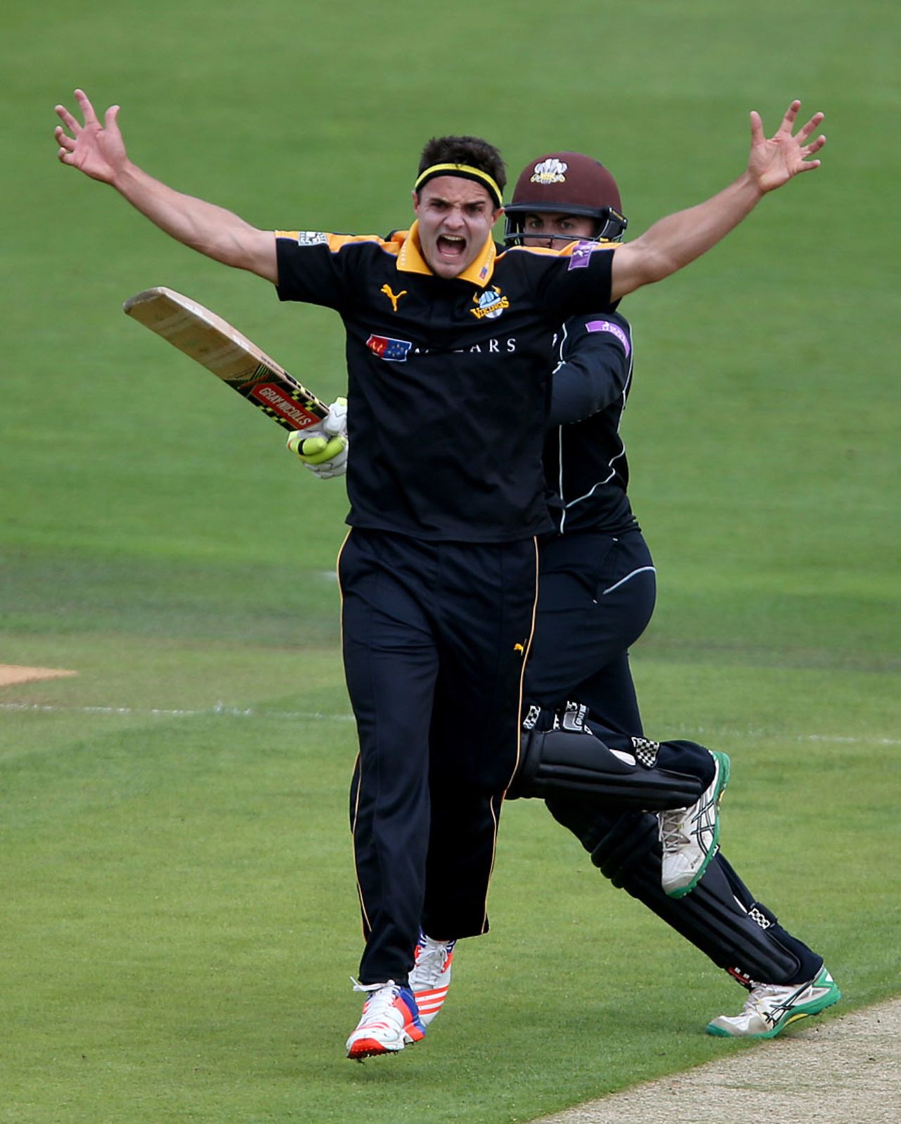 Dominic Sibley collides with Jack Brooks during a successful lbw appeal, Yorkshire v Surrey, Royal London Cup, Semi-final, Headingley, August 28, 2016
