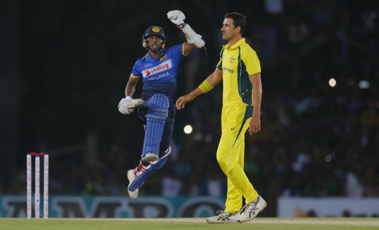 Dinesh Chandimal leaps in joy after reaching his ton, Sri Lanka v Australia, 3rd ODI, Dambulla, August 28, 2016