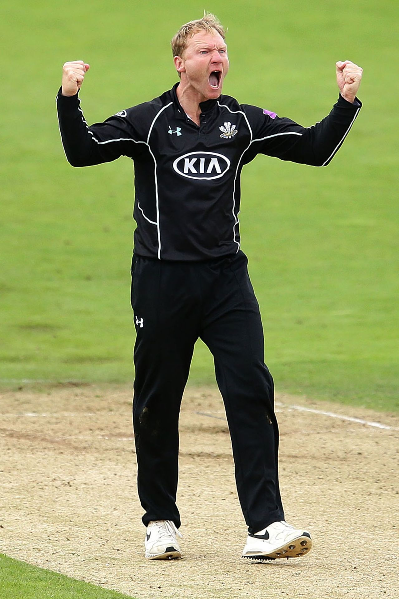 Do you think he's pleased? Gareth Batty celebrates Alex Lees' wicket, Yorkshire v Surrey, Royal London Cup, Semi-final, Headingley, August 28, 2016