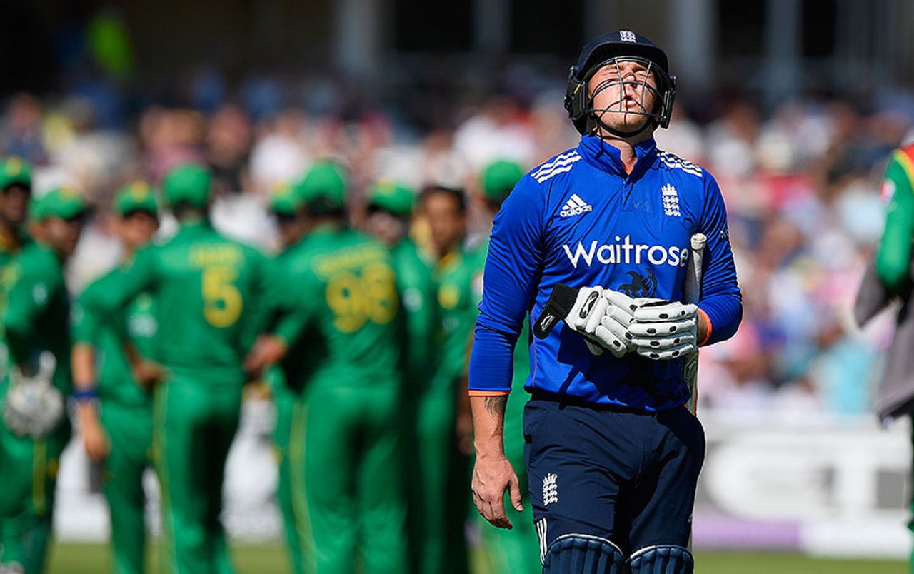Jason Roy grimaces after gloving a catch to the keeper, England v Pakistan, 3rd ODI, Trent Bridge, August 30, 2016