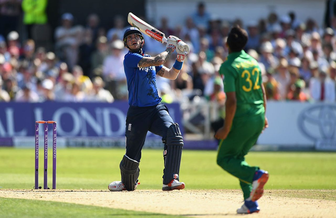Alex Hales dumps a Hasan Ali free hit into the stands for six, England v Pakistan, 3rd ODI, Trent Bridge, August 30, 2016
