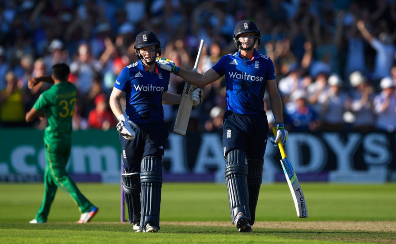 Eoin Morgan and Jos Buttler walk off after their record-breaking efforts, England v Pakistan, 3rd ODI, Trent Bridge, August 30, 2016