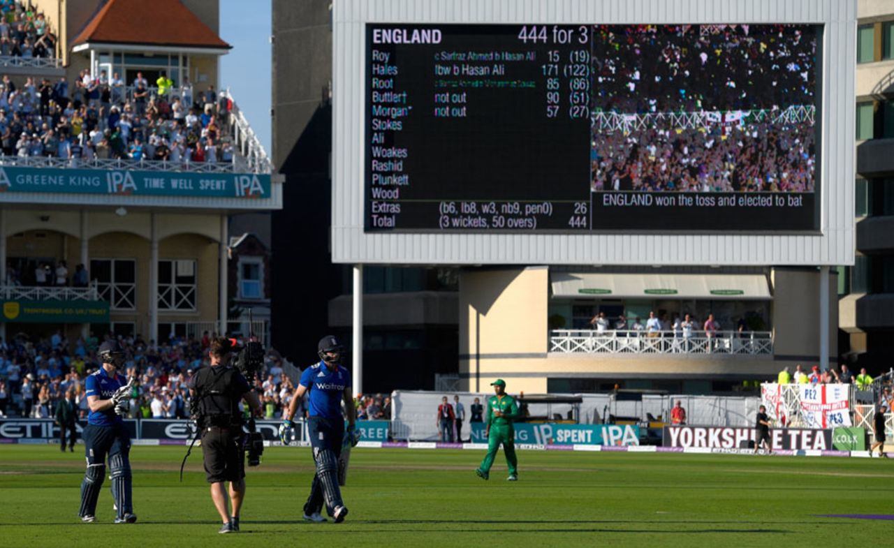 England's total of 444 for 3 was the highest in ODIs, England v Pakistan, 3rd ODI, Trent Bridge, August 30, 2016