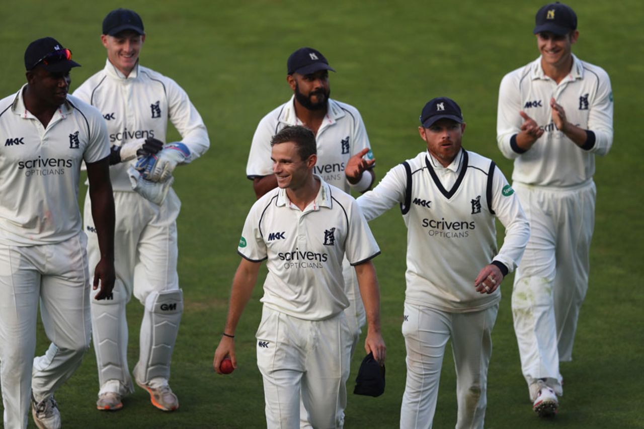 Josh Poysden walks off after taking his maiden five-for, Warwickshire v Middlesex, County Championship, Division One, Edgbaston, 1st day, August 31, 2016