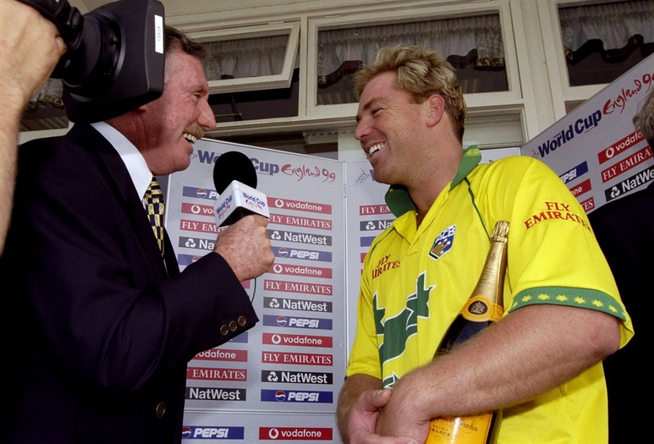Ian Chappell interviews Man of the Match Shane Warne, Australia v South Africa, 2nd semi-final, World Cup, Birmingham, June 17, 1999