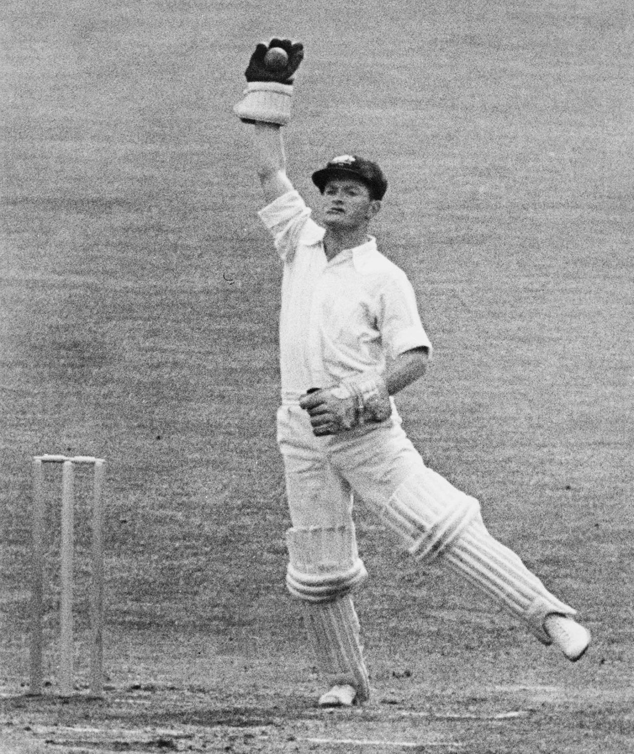 Len Maddocks catches the ball, Surrey v Australians, tour match, The Oval, 17 May 1956