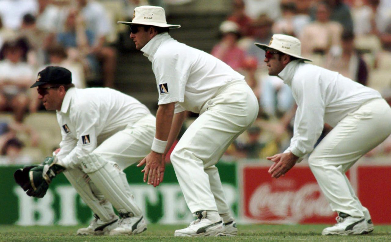 Ian Healy, Mark Taylor and Mark Waugh field, Australia v West Indies, 2nd Test, Sydney, 3rd day, December 1, 1996