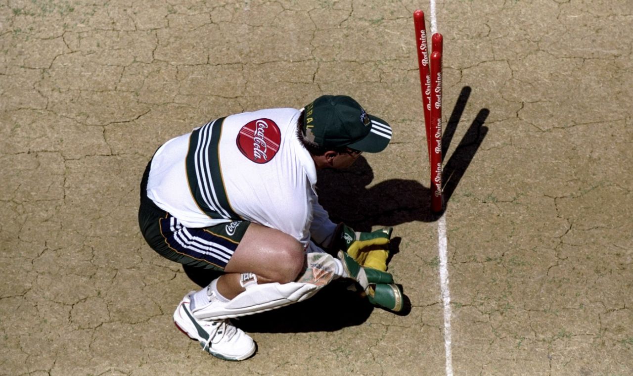 Ian Healy squats behind the stumps, Kingston, March 11, 1999