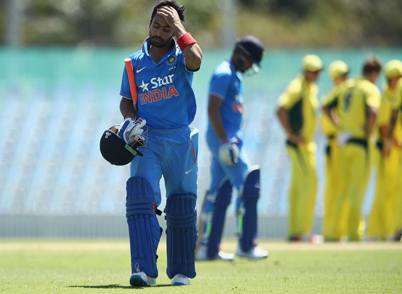 Mandeep Singh walks back dejected after being dismissed for 95, Australia A v India A, Quadrangular A-team one-day series, final, Mackay, September 4, 2016