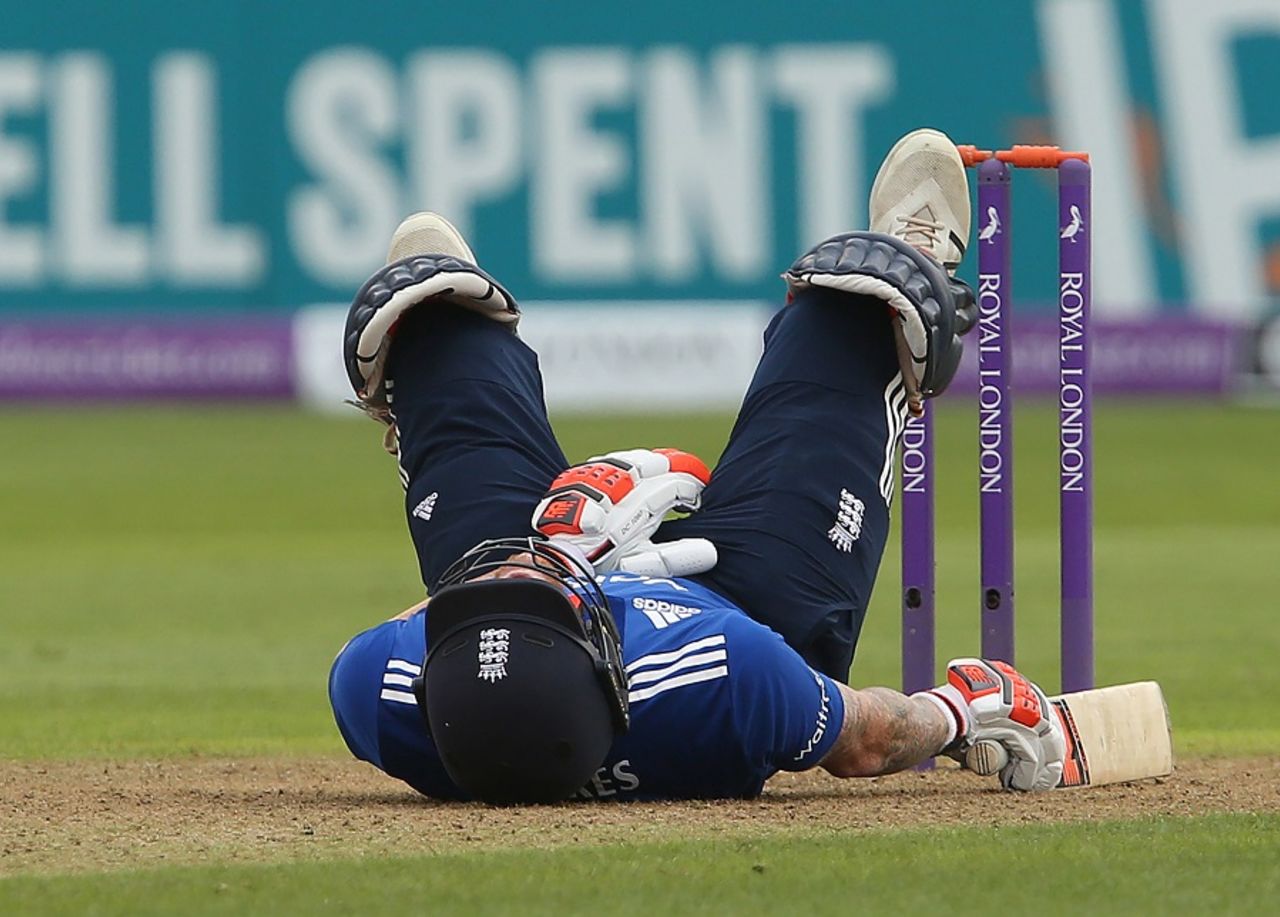 Ouch: Ben Stokes goes down after being hit on the box,  England v Pakistan, 5th ODI, Cardiff, September 4, 2016