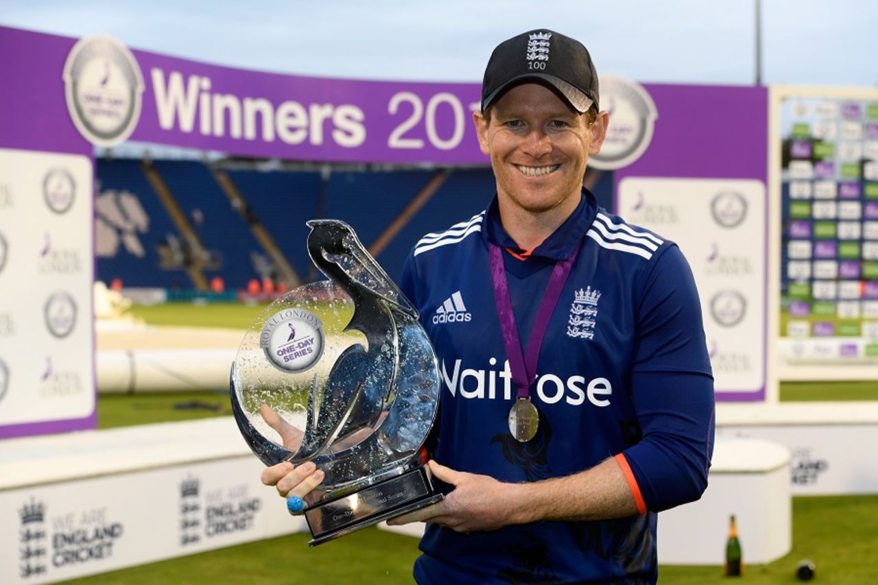 Eoin Morgan poses with the series trophy, England v Pakistan, 5th ODI, Cardiff, September 4, 2016