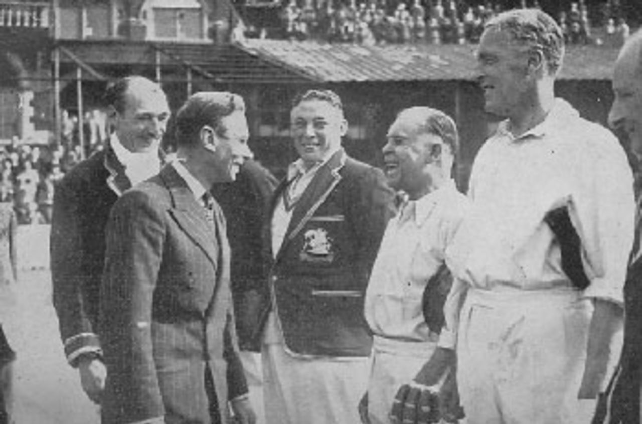 His majesty King George VI attended the match between Surrey and a team of Old England on the-of the celebration of the Surrey centenary at the Oval. The King is enjoying a  laugh with Percy Fender, Maurice Tate, Patsy Hendren and Frank Woolley, The Oval, May 23, 1946