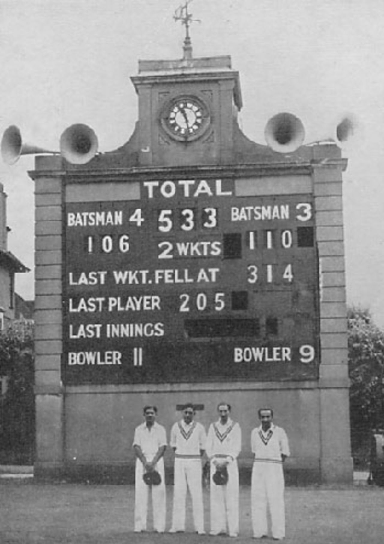 Against Sussex at Hove on July 29, 1946 the first four batsmen of the Indian team completed centuries. The board shows the position just before the fall of the third wicket. The players from left to right are: V. Mankad who scored 105, L. Amarnath (106), Nawab of Pataudi (110 not out), V. M. Merchant (205). The score-board was presented to Sussex by the most famous of all Indian cricketers, K. S. Ranjitsinhji