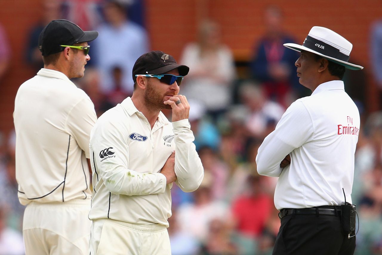 Brendon McCullum and Tim Southee talk to umpire S Ravi, Australia v New Zealand, third Test, day two, Adelaide, November 28, 2015