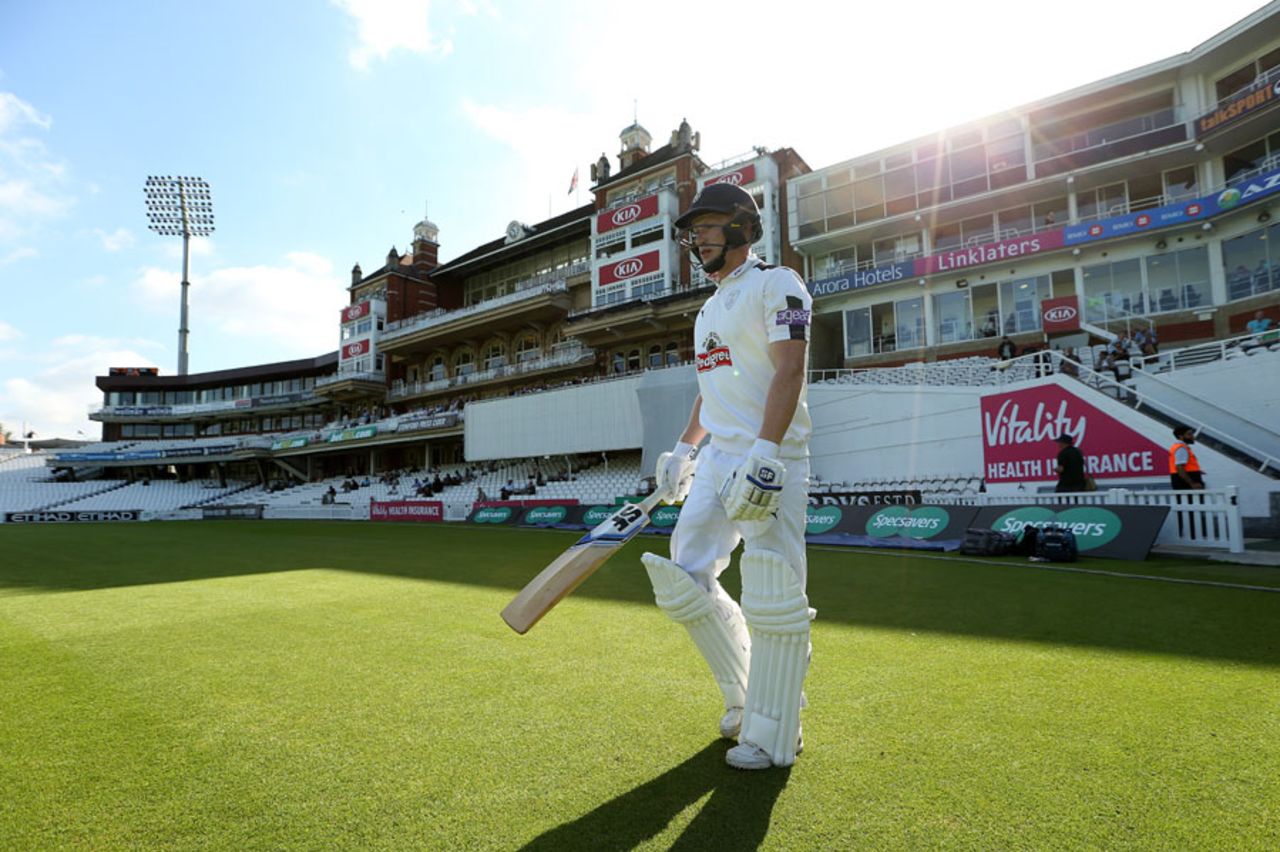 Tom Alsop resumes his innings after notching a maiden first-class hundred, Surrey v Hampshire, County Championship, Division One, The Oval, 2nd day, September 8, 2016