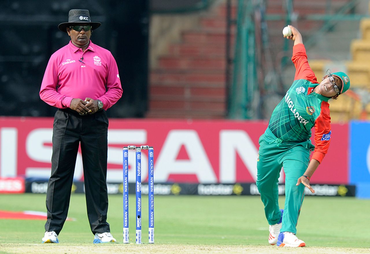 Bangladesh legspinner Rumana Ahmed in her delivery stride, India v Bangladesh, Women's World T20 2016, Bangalore, March 15, 2016