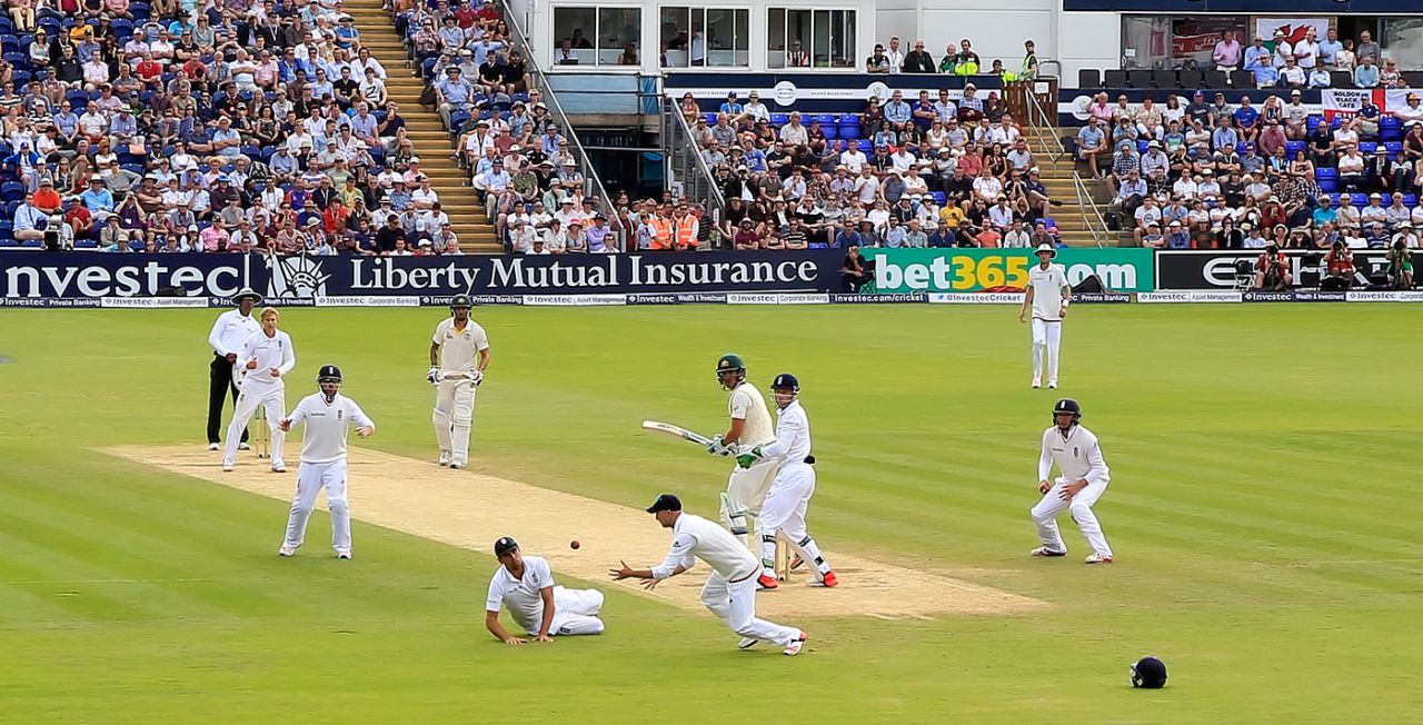 Alastair Cook and Adam Lyth combined to catch Mitchell Starc, England v Australia, 1st Investec Ashes Test, Cardiff, 4th day, July 11, 2015