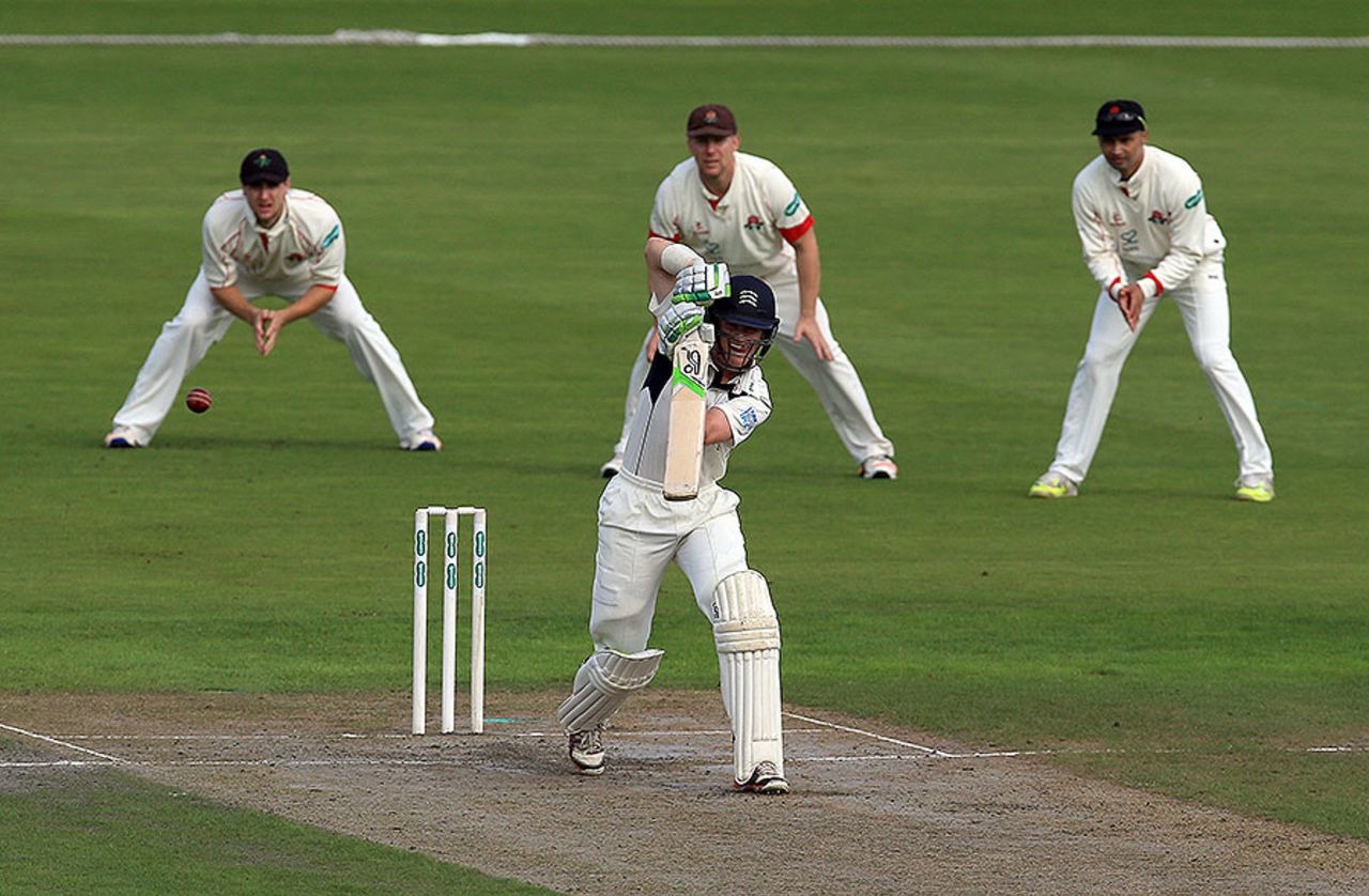 Nick Gubbins drives during his half-century, Lancashire v Middlesex,  Specsavers Division One, 1st day, Old Trafford, September 12, 2016