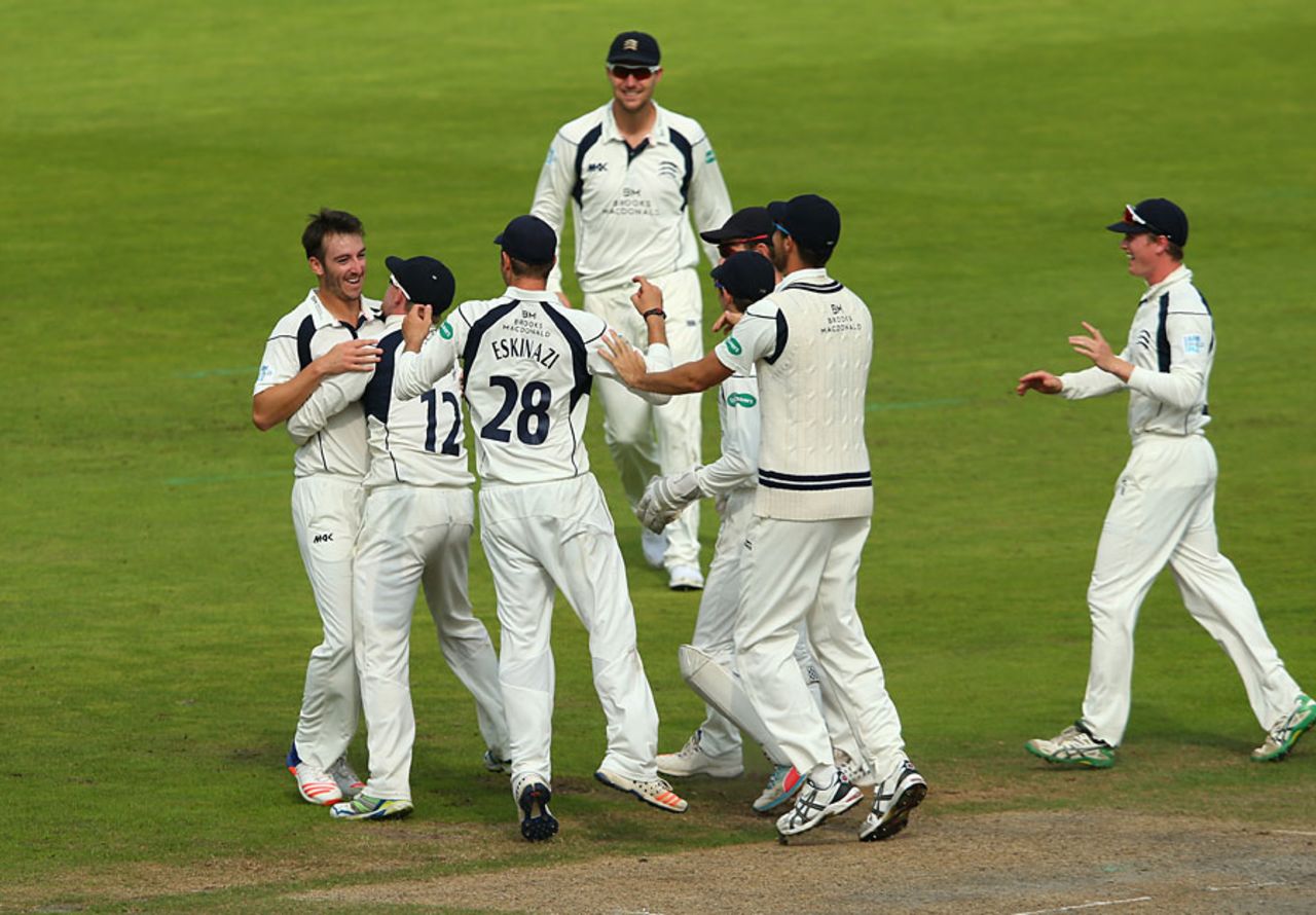 Middlesex were quickly in the wickets as Toby Roland-Jones (far left) took four in his first spell, Lancashire v Middlesex, County Championship, Division One, Old Trafford, 2nd day, September 13, 2016