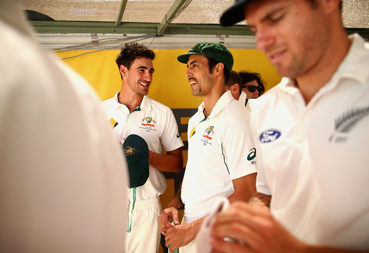 Mitchell Starc and Mitchell Johnson have a word before start of play, Australia v New Zealand, 2nd Test, Perth, 1st day, November 13, 2015