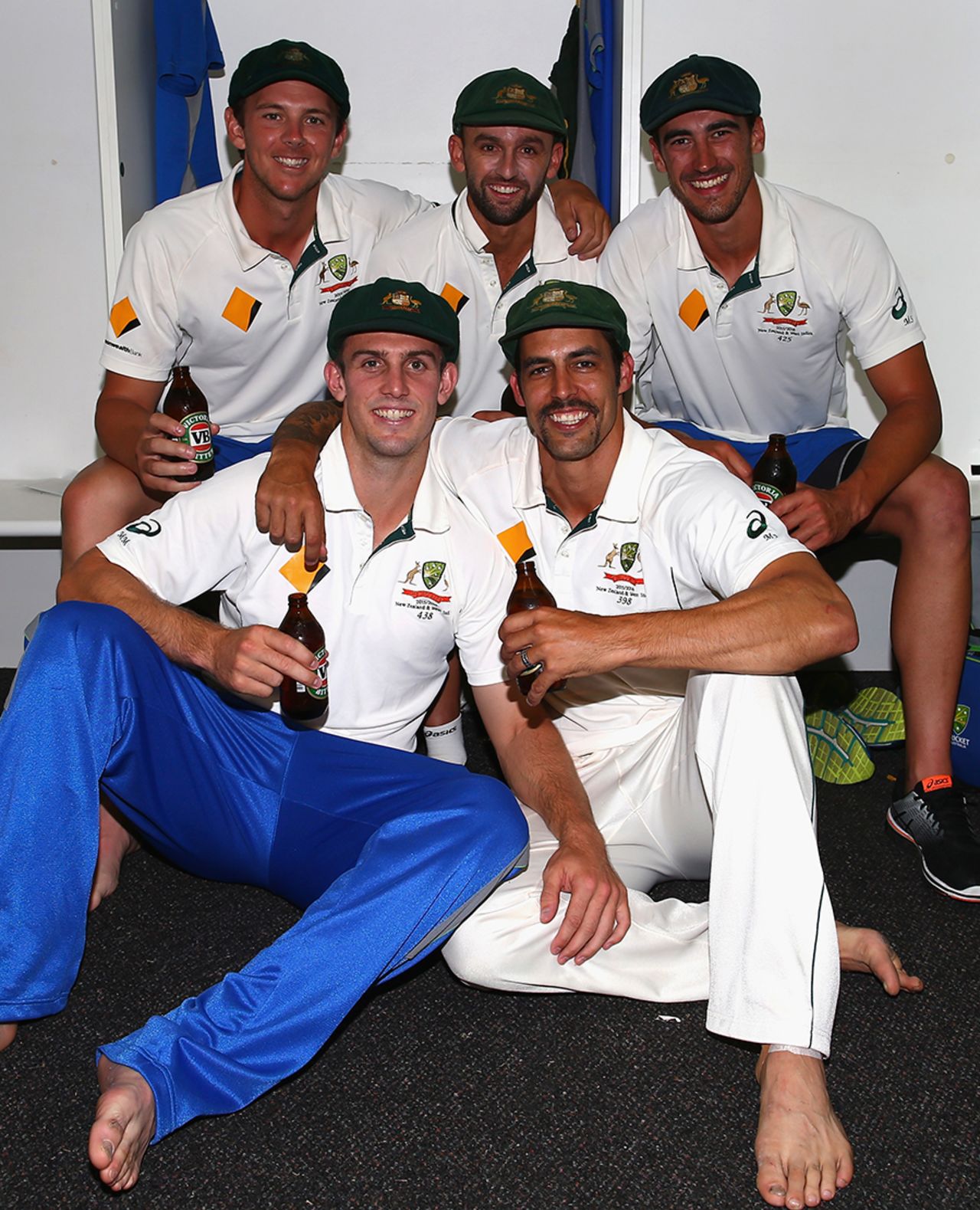 Josh Hazlewood, Nathan Lyon, Mitchell Starc, Mitchell Marsh and Mitchell Johnson relax after the match, Australia v New Zealand, 2nd Test, Perth, 5th day, November 17, 2015
