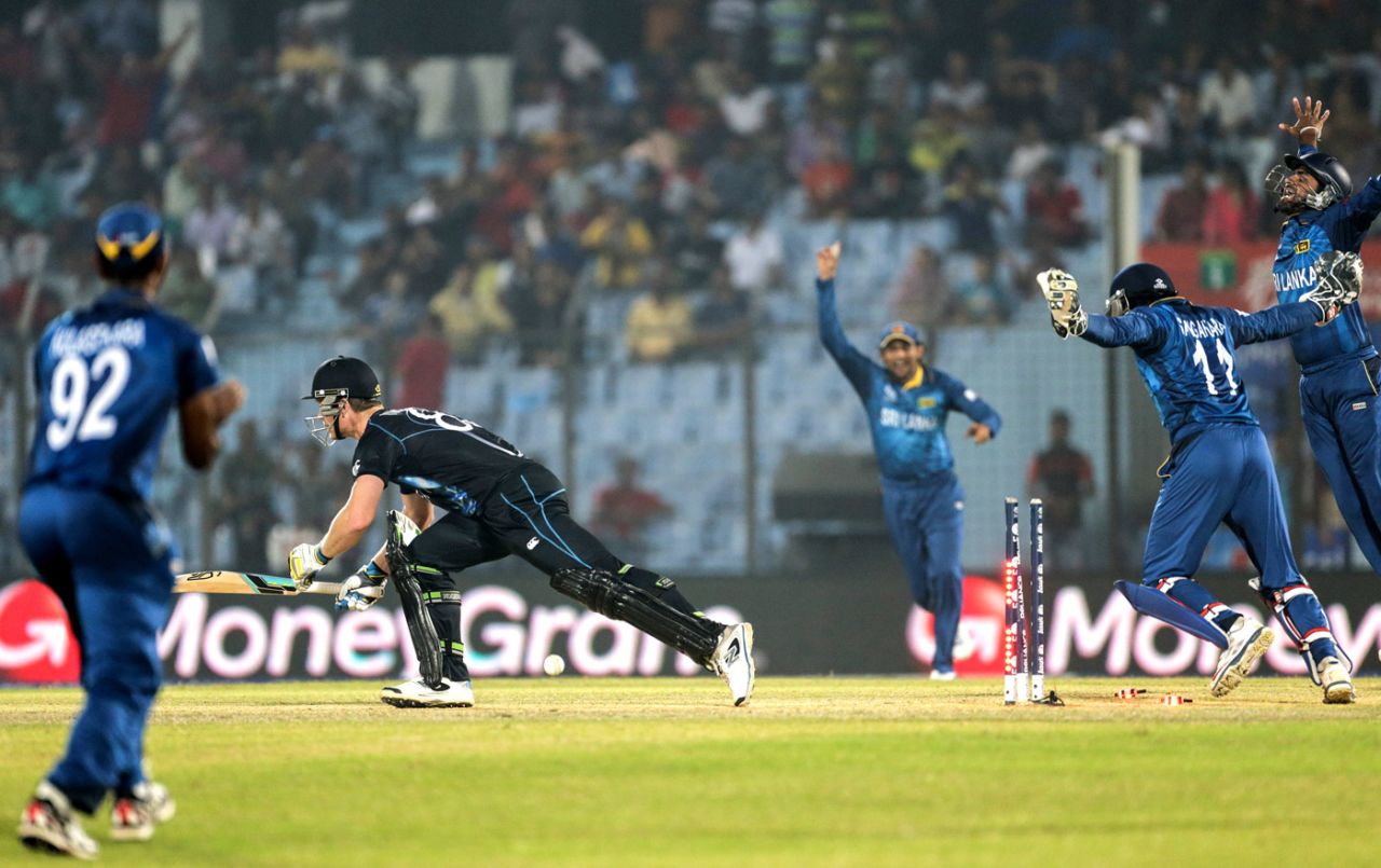 Jimmy Neesham is bowled first ball by Rangana Herath, New Zealand v Sri Lanka, World T20, Group 1, Chittagong, March 31, 2014