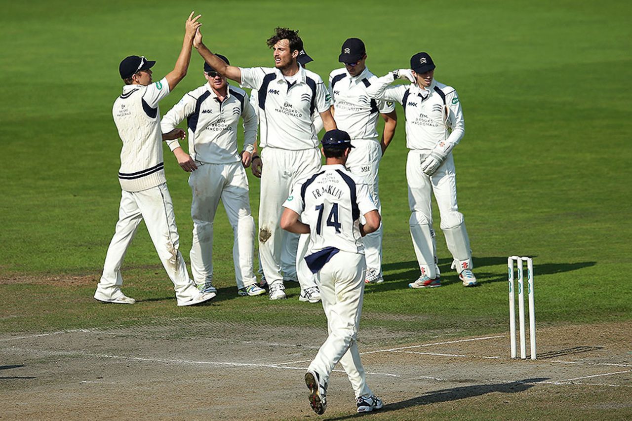 Steven Finn claims the wicket of Liam Livingstone, Lancashire v Middlesex, County Championship, Division One, Old Trafford, 3rd day, September 14, 2016