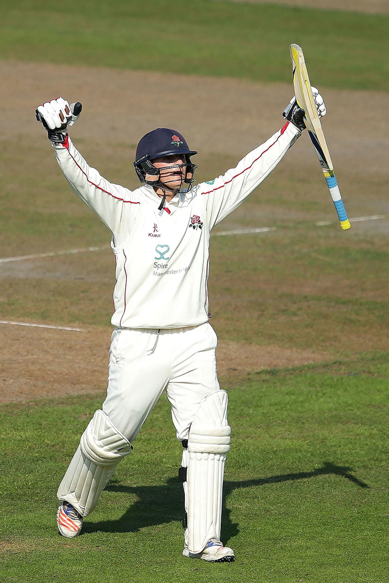 Rob Jones celebrates his maiden first-class hundred, Lancashire v Middlesex, County Championship, Division One, Old Trafford, 3rd day, September 14, 2016