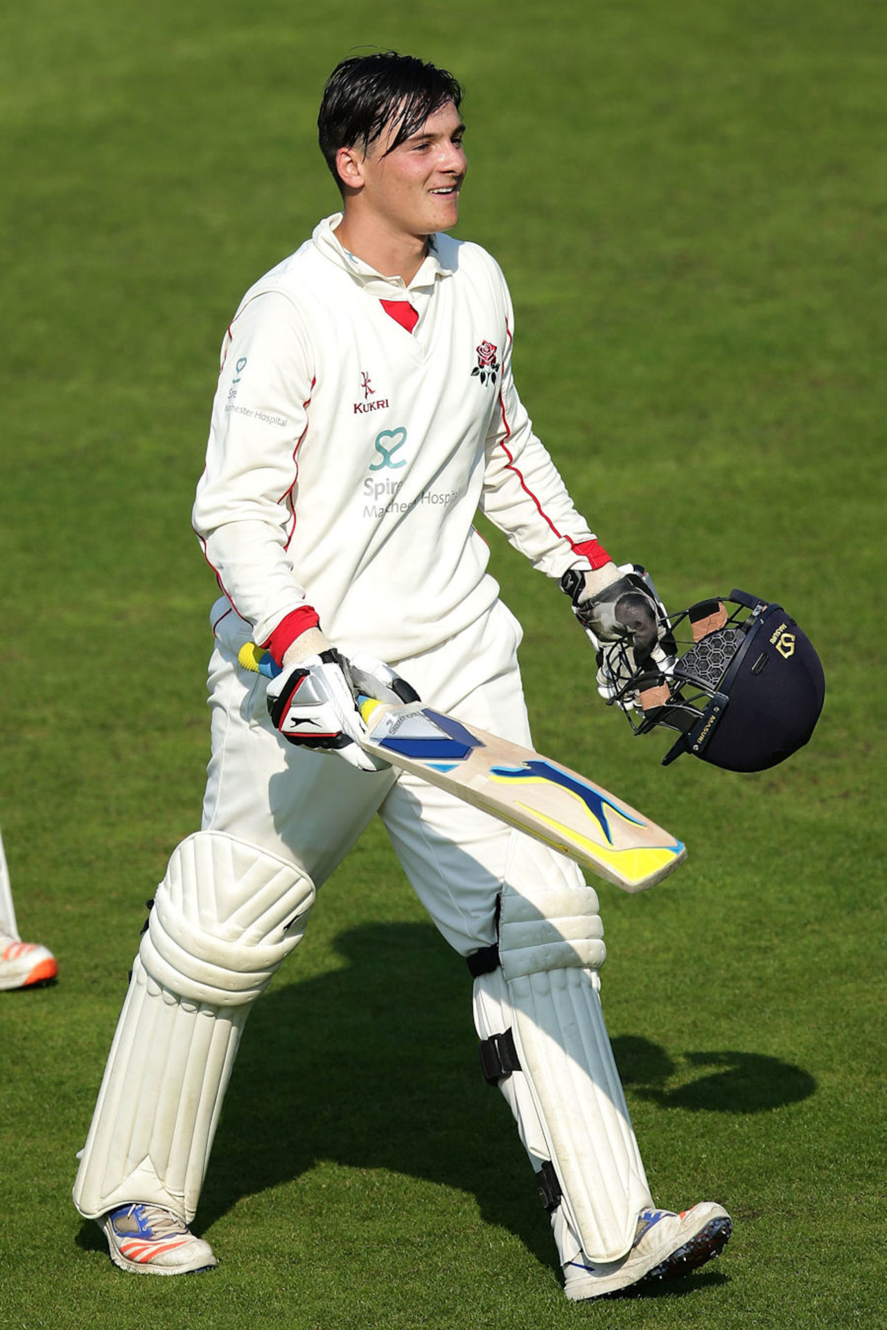Rob Jones celebrates his maiden Championship hundred for Lancashire, Lancashire v Middlesex, Specsavers Championship Division One, Old Trafford, September 14, 2016