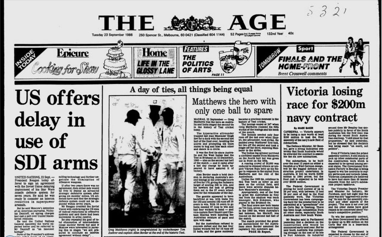 The <i>Age</i> reports Australia and India tying the Madras Test, September 23, 1986