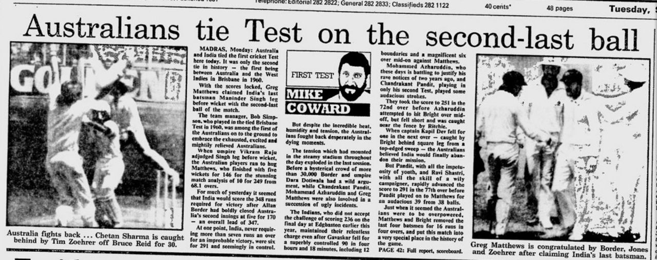 The <i>Sydney Morning Herald</i> reports Australia and India tying the Madras Test, September 23, 1986