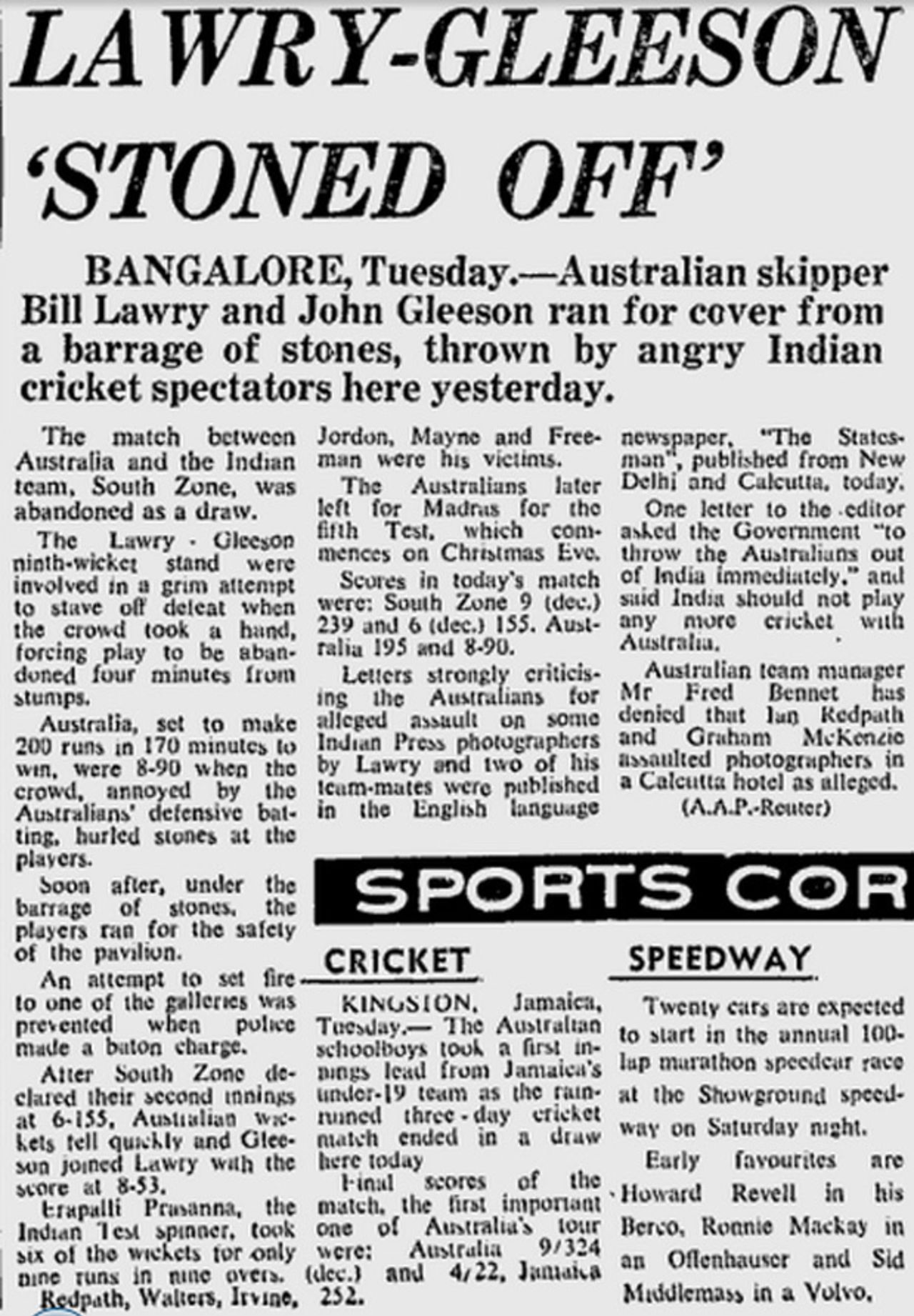 The <i>Sydney Morning Herald</i> reports on the crowd trouble that ended the tour game between South Zone and the Australians in Bangalore, December 23, 1969