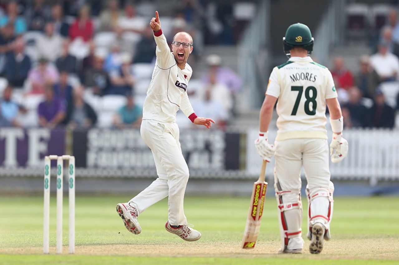 Jack Leach appeals unsuccessfully for the wicket of Jake Libby, Somerset v Nottinghamshire, County Championship, Division One, Taunton, 2nd day, September 21, 2016