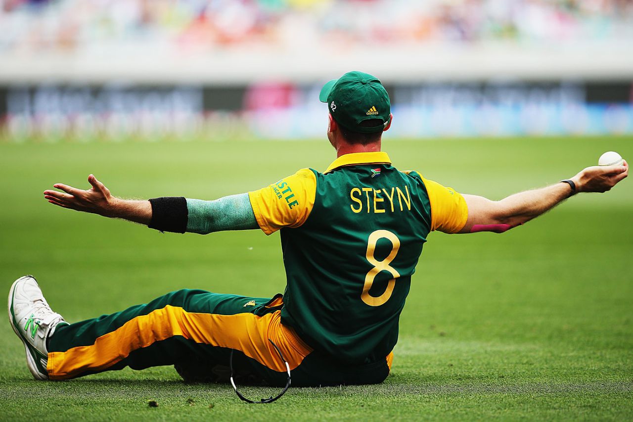 Dale Steyn is on the turf after taking a catch, Pakistan v South Africa, World Cup 2015, Group B, Auckland, March 7, 2015