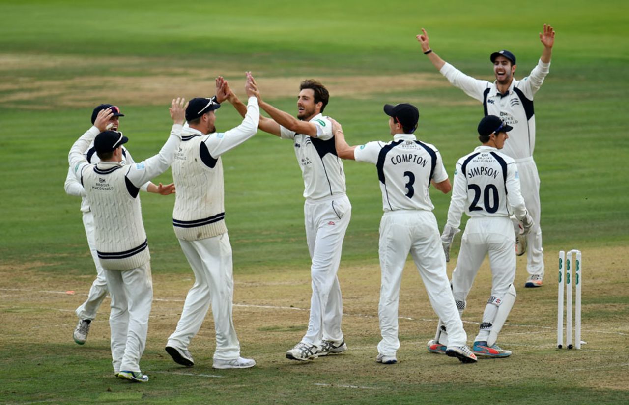 Steven Finn celebrates the wicket of Adam Lyth, Middlesex v Yorkshire, County Championship, Division One, Lord's, 2nd day, September 21, 2016