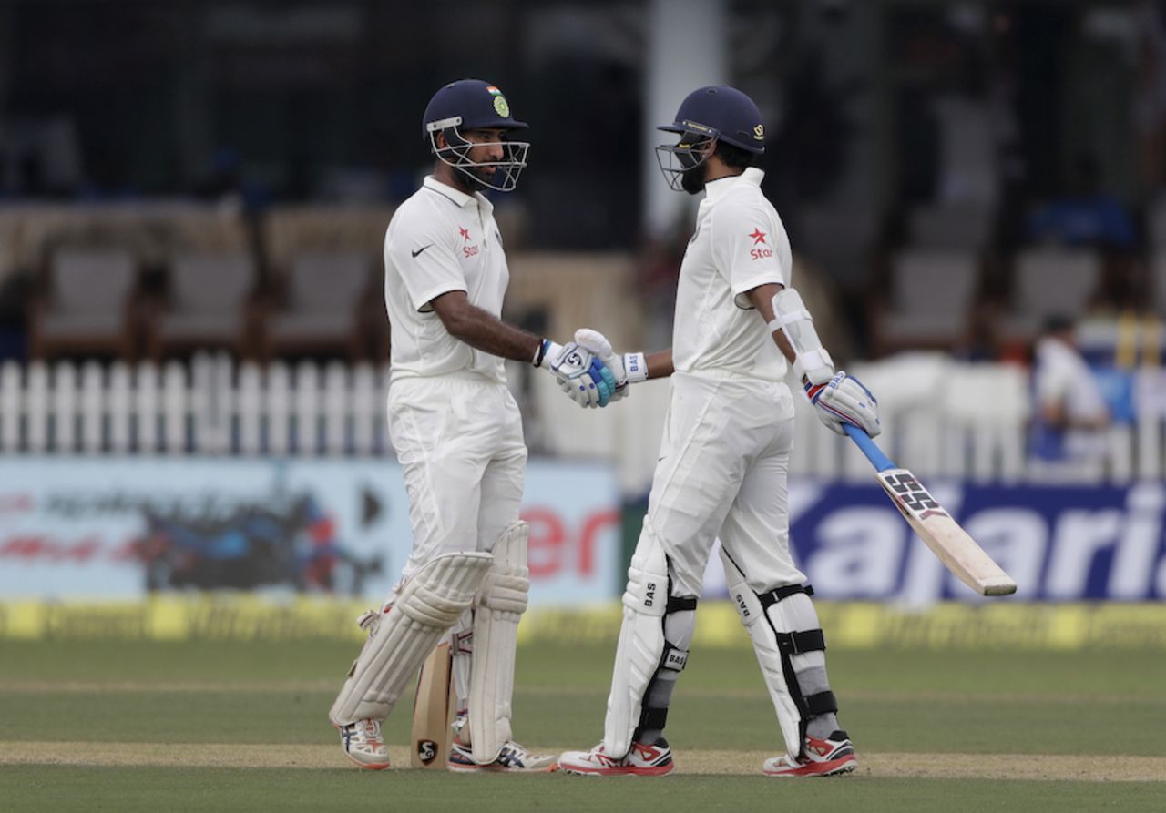 Cheteshwar Pujara and M Vijay lay a solid platform with their partnership, India v New Zealand, 1st Test, Kanpur, 1st day, September 22, 2016