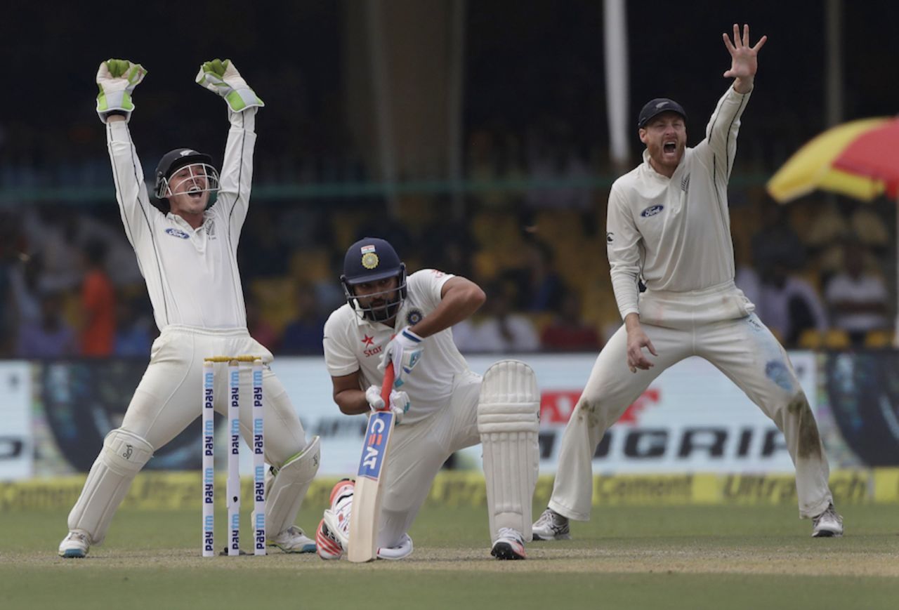 BJ Watling and Martin Guptill appeal unsuccessfully for the wicket of Rohit Sharma, India v New Zealand, 1st Test, Kanpur, 1st day, September 22, 2016
