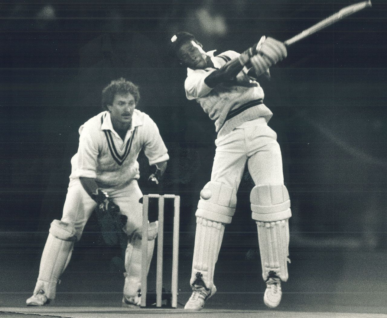 Carlisle Best hits out as Dave Houghton looks on, Rest of the World XI v West Indies XI, United Way Charity Match, Toronto, November 5, 1989