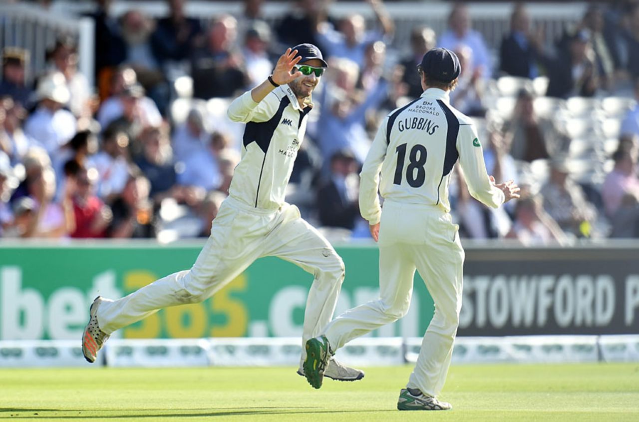 Stevie Eskinazi celebrates the catch to remove David Willey, Middlesex v Yorkshire, County Championship, Division One, Lord's, September 23, 2016