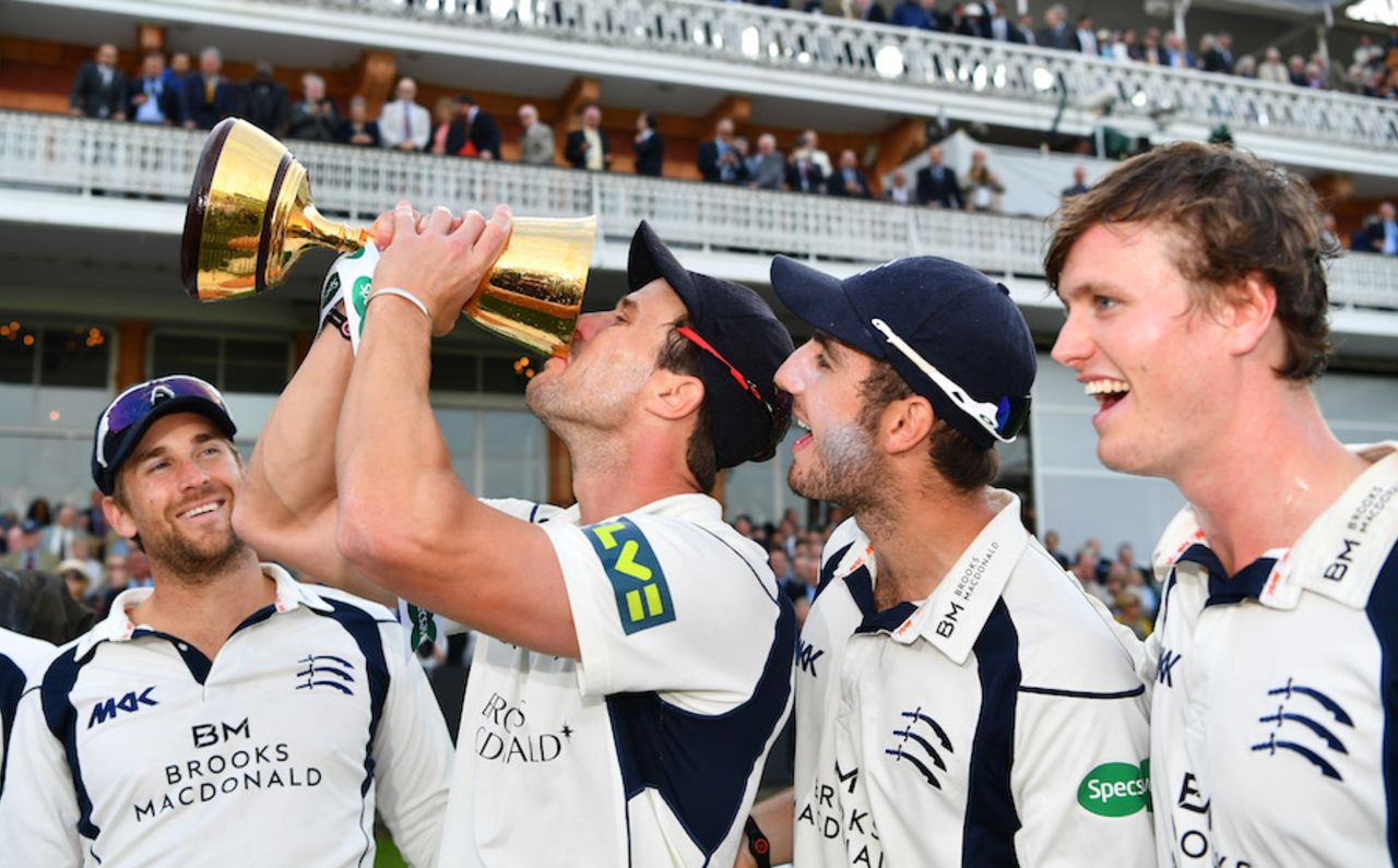 Nick Compton enjoys a drink for the Championship trophy, Middlesex v Yorkshire, County Championship, Division One, Lord's, September 23, 2016
