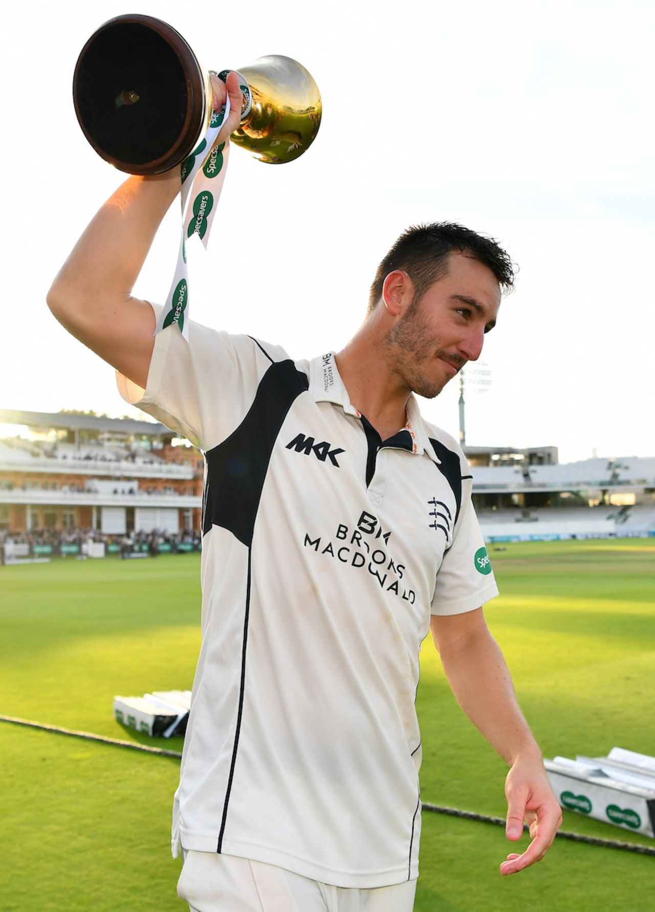 Hat-trick hero: Toby Roland-Jones with the County Championship trophy, Middlesex v Yorkshire, County Championship, Division One, Lord's, September 23, 2016